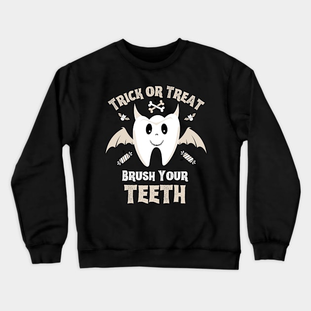 Trick or Treat Brush Your Teeth - Cute Tooth with Bat Wings and Devil Horns Crewneck Sweatshirt by Enriched by Art